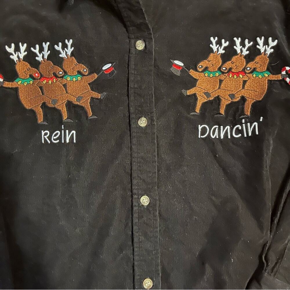 90s Vtg Black Corduroy Christmas Embroidered Reindeer Rein Dancing Blouse S/M - Picture 3 of 6